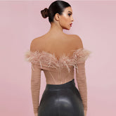 Off Shoulder Long Sleeve Striped Bandage Top&Bodysuit